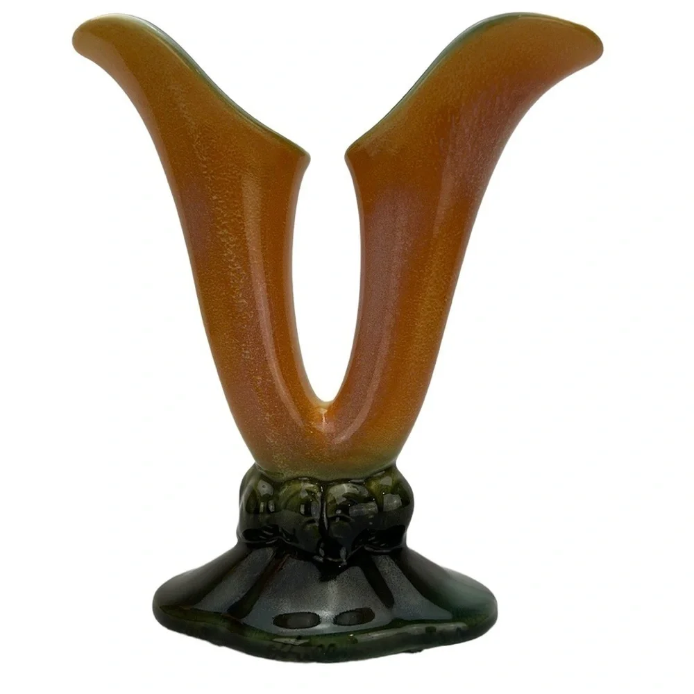 Vintage‎ Hull Pottery Double Cornucopia Vase 103 Mottled Orange and Green